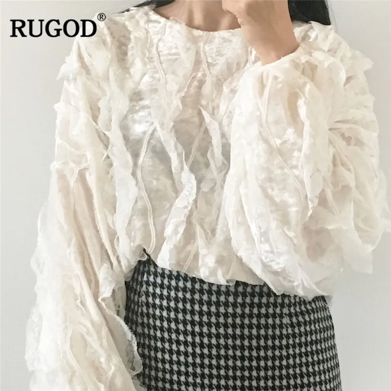 RUGOD элегантные кружевные лоскутные футболки для женщин со складками белая