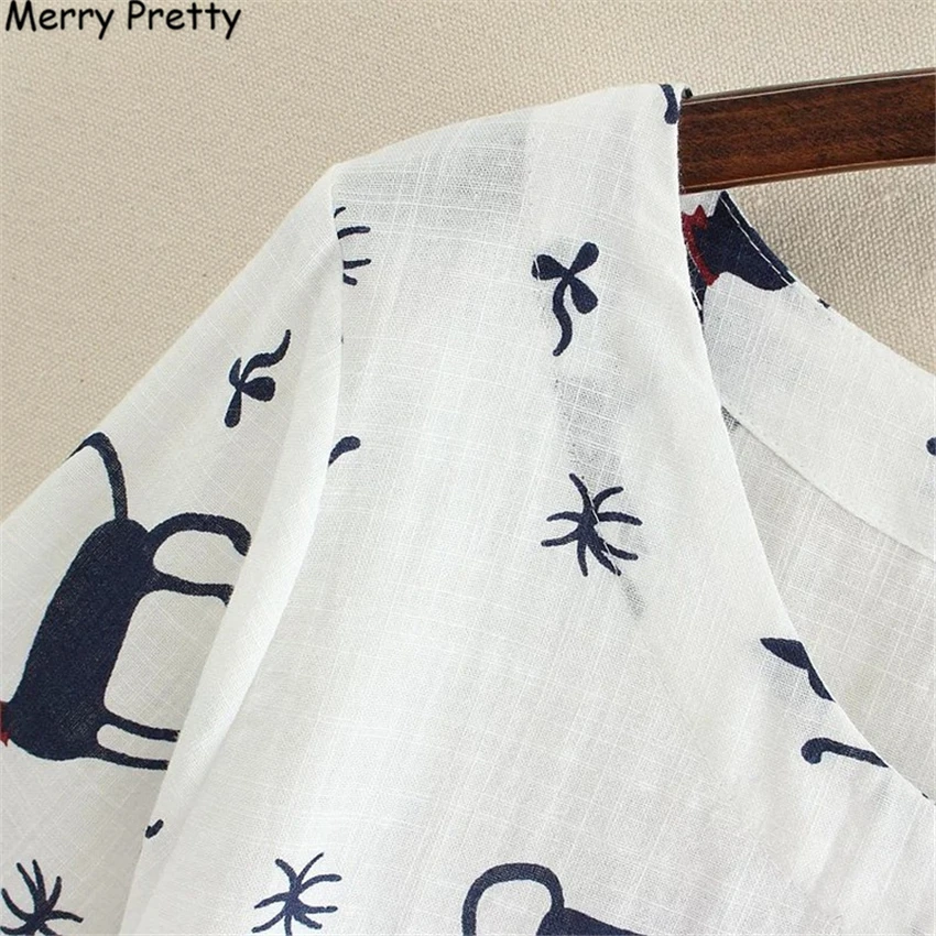 Белая хлопковая льняная футболка Merry Pretty женская летняя рубашка с принтом