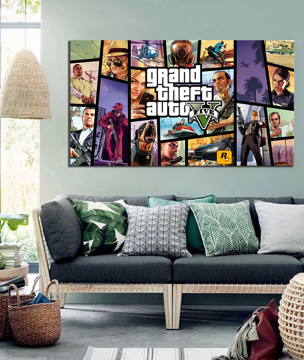 1 шт. HD мультфильм картина Grand Theft Auto V видео игры плакат живопись GTA 5 игры Художественная печать холст картины стены искусства