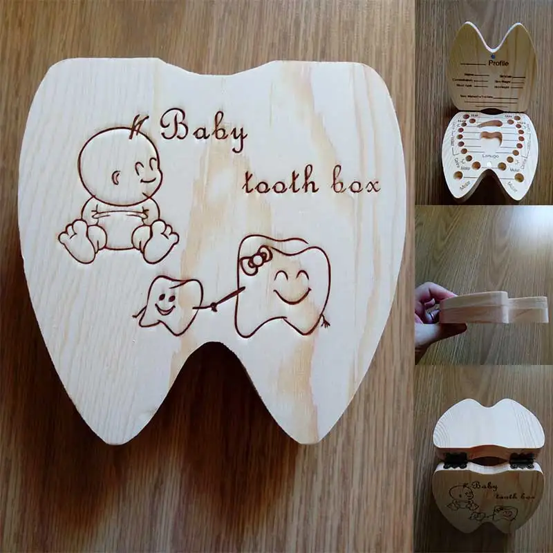 Caja de madera para dientes de bebé, organizador para dientes de leche de Polonia/Inglés/holandés/ruso/francés/italiano, almacenamiento de recuerdos para bebés