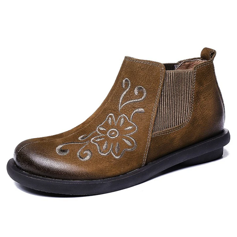 

Ankle Zipper Snow Solid Flat With Khaki Brown Boots Genuine Natural Cow Leather Chinese EmbroideShoes For Woman Handmade Female