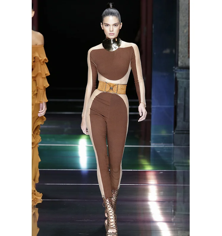 Бандажный комбинезон черный коричневый ажурный из искусственного шелка для