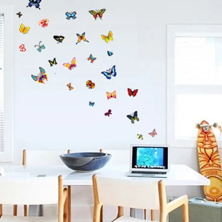 Милые Мультяшные 60 прозрачные Красочные бабочки съемные настенные наклейки ПВХ