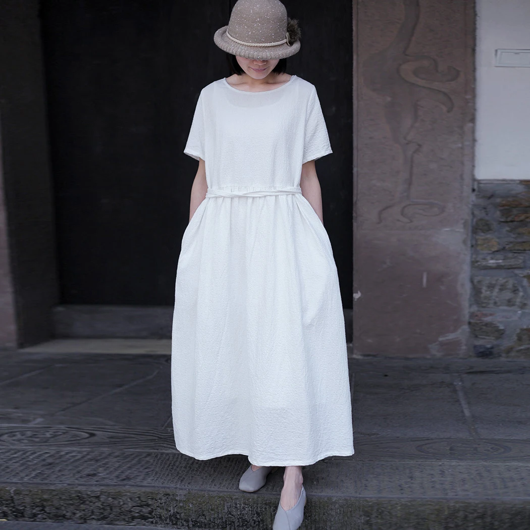 Johnature Cotton Linen Jacquard Women Long Dresses Vintage 2021 Summer Loose Sashes Lace Up Solid Color Short Sleeve | Женская одежда