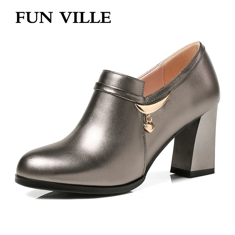 

FUN VILLE 2018 Spring New Women Pumps Genuine Leather High Heels Party shoes for woman Silver Sexy Ladies Shoes Size 34-43