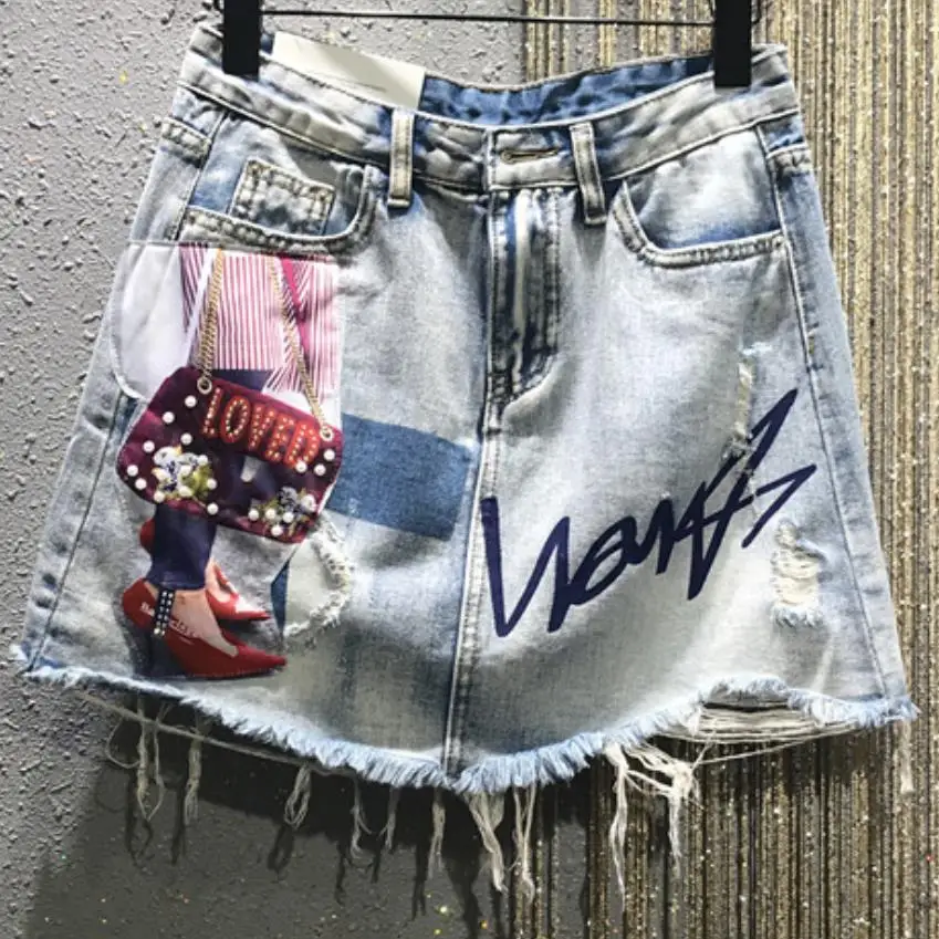 Горячая распродажа! Раскрашенная джинсовая юбка с высокой талией для женщин, весна, новая джинсовая мини-юбка с дырками и кисточками - Цвет: blue
