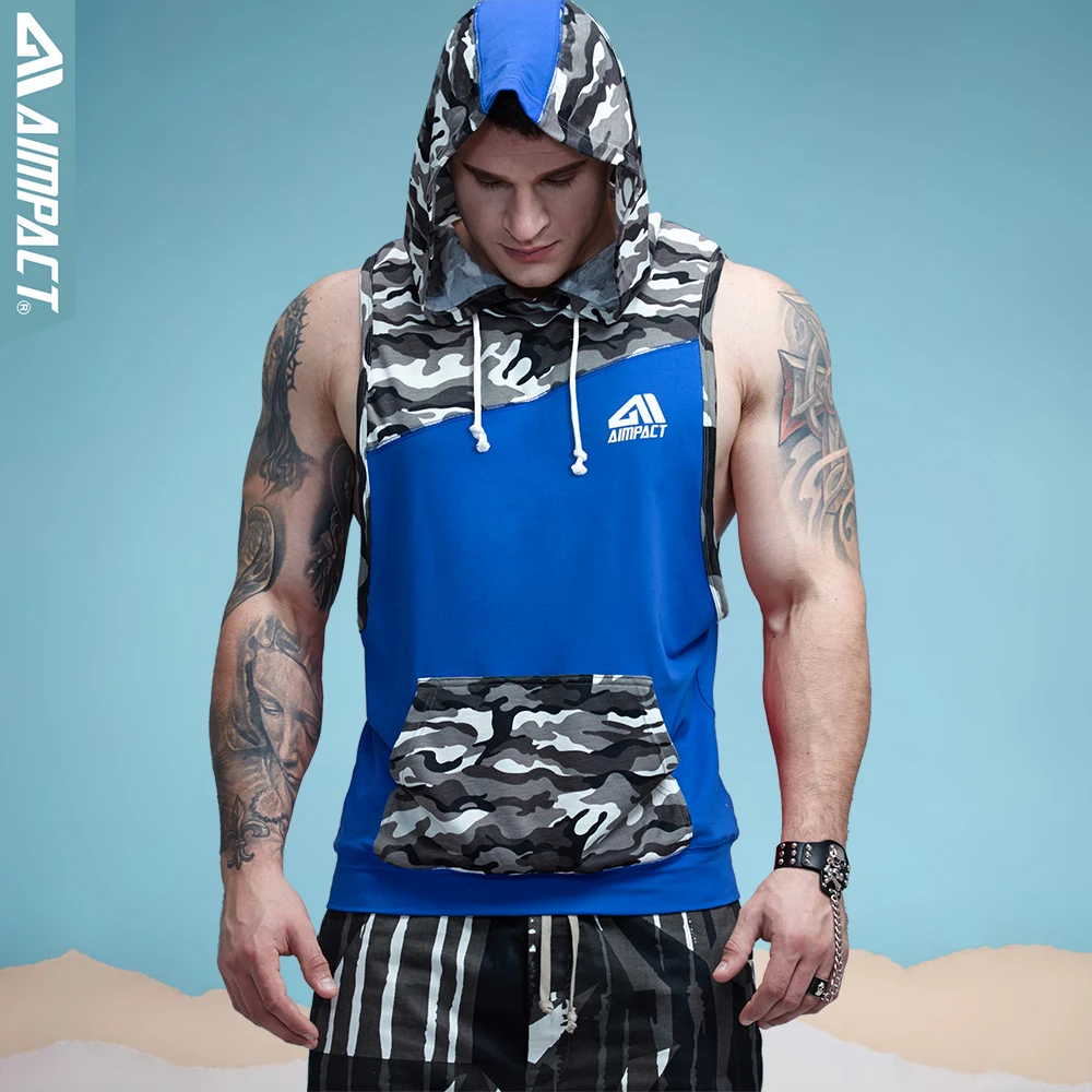 Aimpact Для мужчин камуфляж Лоскутная майка без рукавов с капюшоном Crossfit