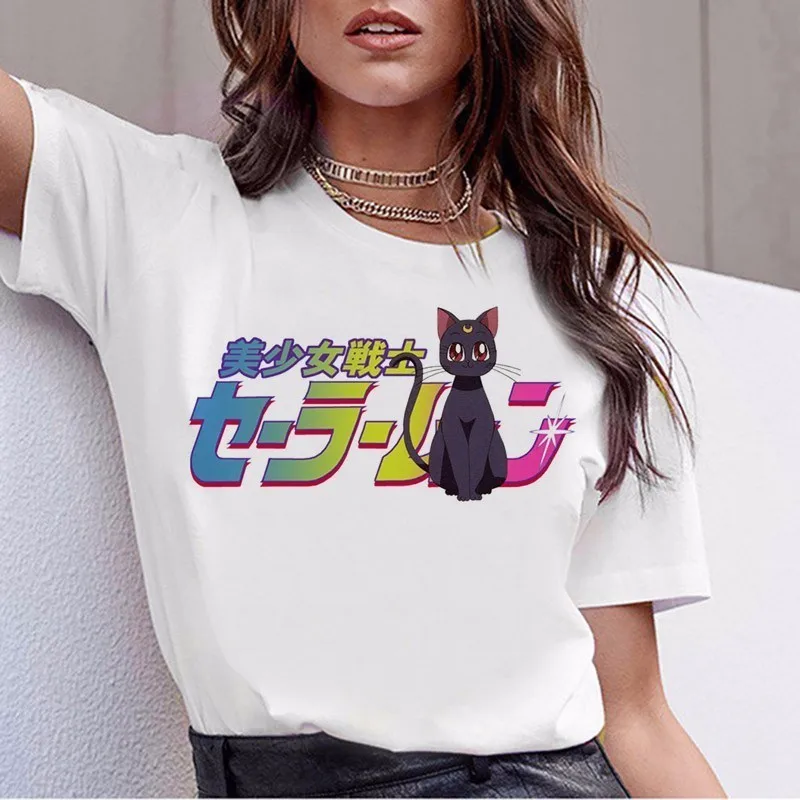 Матросская футболка с Луной женские kawaii Модные женские футболки в стиле Харадзюку футболка Эстетическая футболка Ulzzang Милая футболка с котом топ с рисунком