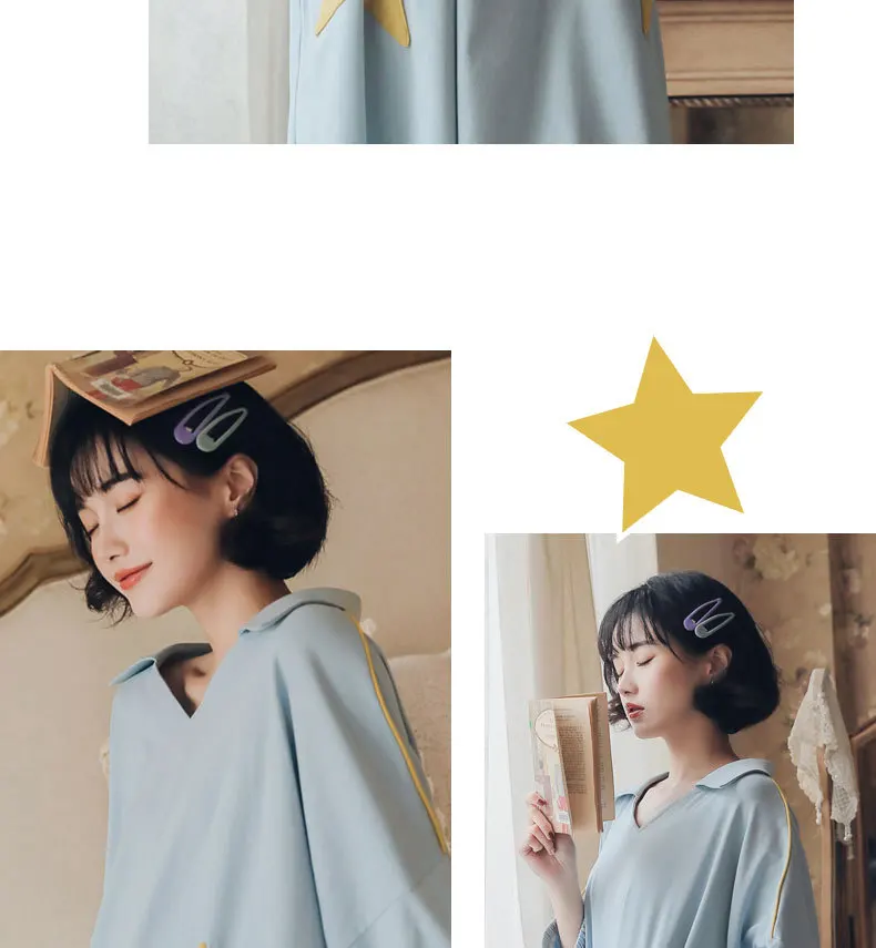 New Stars Nightgown Sleep Wear Blue Night Shirt Home Dress Blue Cotton Nightwear Women Plus Size Plain Nightdress Nighty
