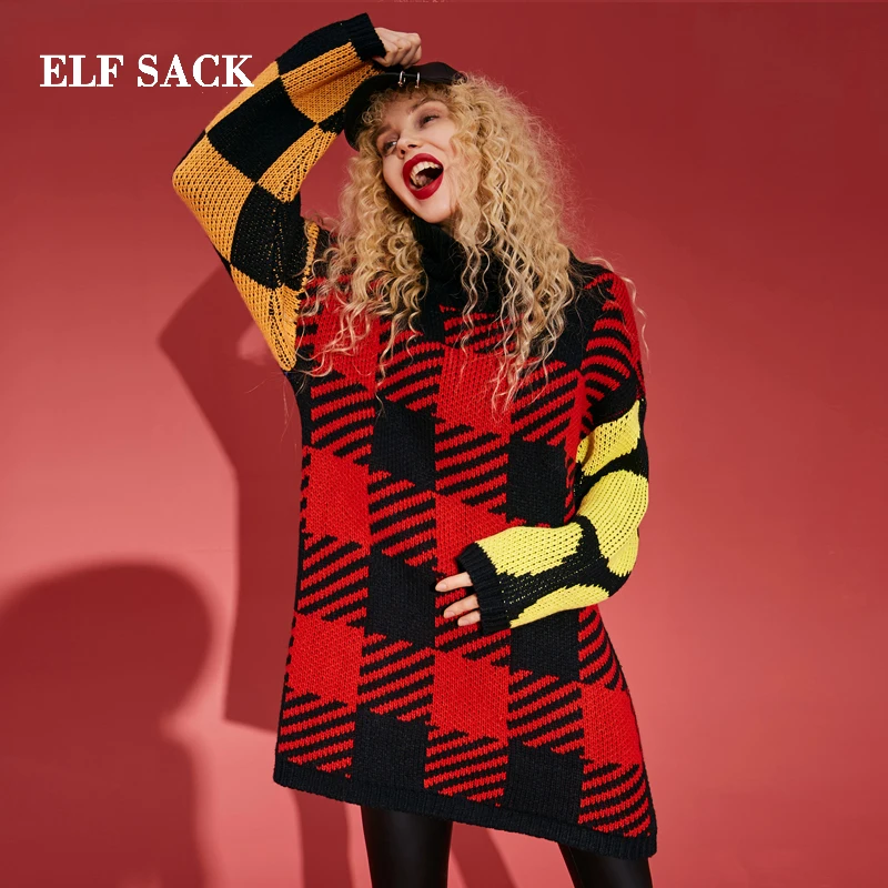ELFSACK, зима, новинка, женский свитер, Повседневный, Круглый ворот, полный, Женский пуловер, в клетку, полный, ручная вязка, Ins, стильный, женский свитер, в винтажном стиле