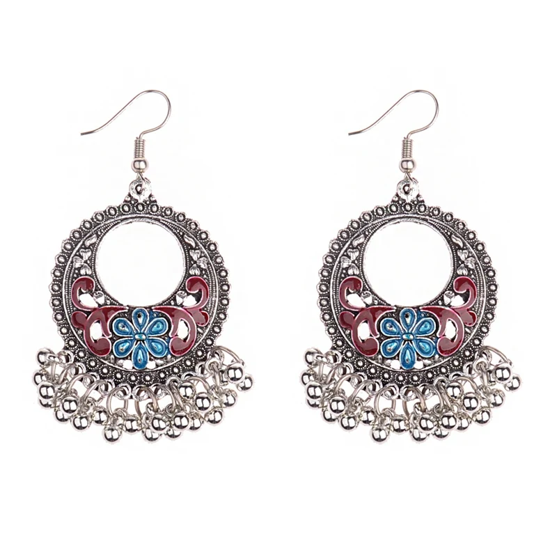 HXE016-4 OIQUEI Boho винтажные индийские Jhumka Большие колокольчики с кисточками Висячие серьги для женщин этнические Цветочные Резные массивные серьги ювелирные изделия - Окраска металла: HXE016-4