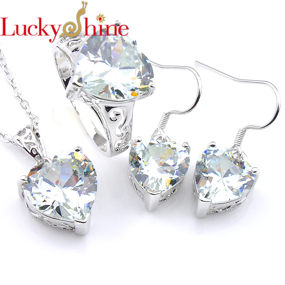 

Luckyshine 3 Pcs Holiday gift Set 7 Color Love Heart Cubic Zirconia Crystal Gems Silver Ring Earrings Pendants Wedding Jewelry