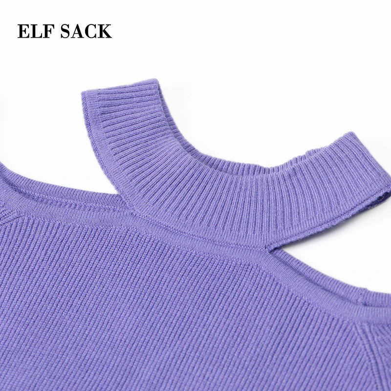ELFSACK, новинка, модный фиолетовый женский свитер, Повседневный, круглый вырез, длинный рукав, Женский пуловер, Одноцветный, ручная вязка, шикарный женский свитер, топы