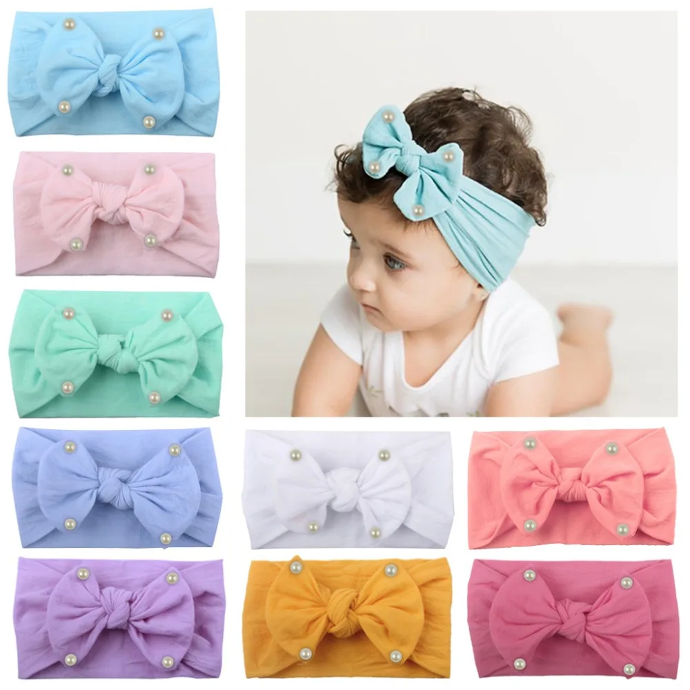 

New Pearl Knot Bow Nylon Headbands One size fits most Wide Bow Nylon Turban Head wraps Soft Headwrap Baby Girls Hair Accessories