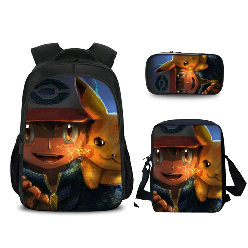 3 Pcs/set Cartoon Pokemon School Bags For Kids Detective Pikachu Anime Pattern School Backpack For Teen Boys Girls Curel Fancl
