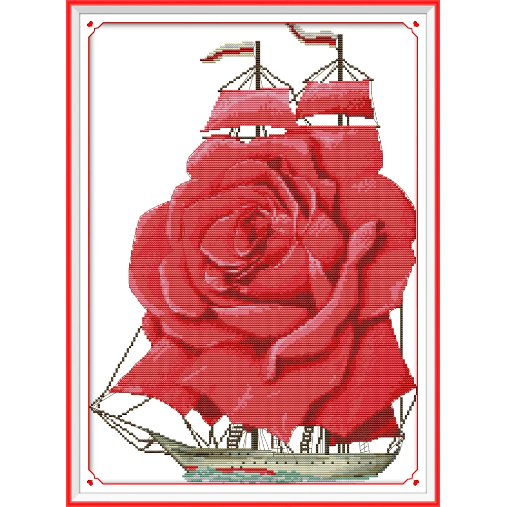 

NKF Rose Sail Cross Stitch Kits 11CT 14CT Chinese Cross Stitch Pattern Embroidery Needlework Set for Home Decor