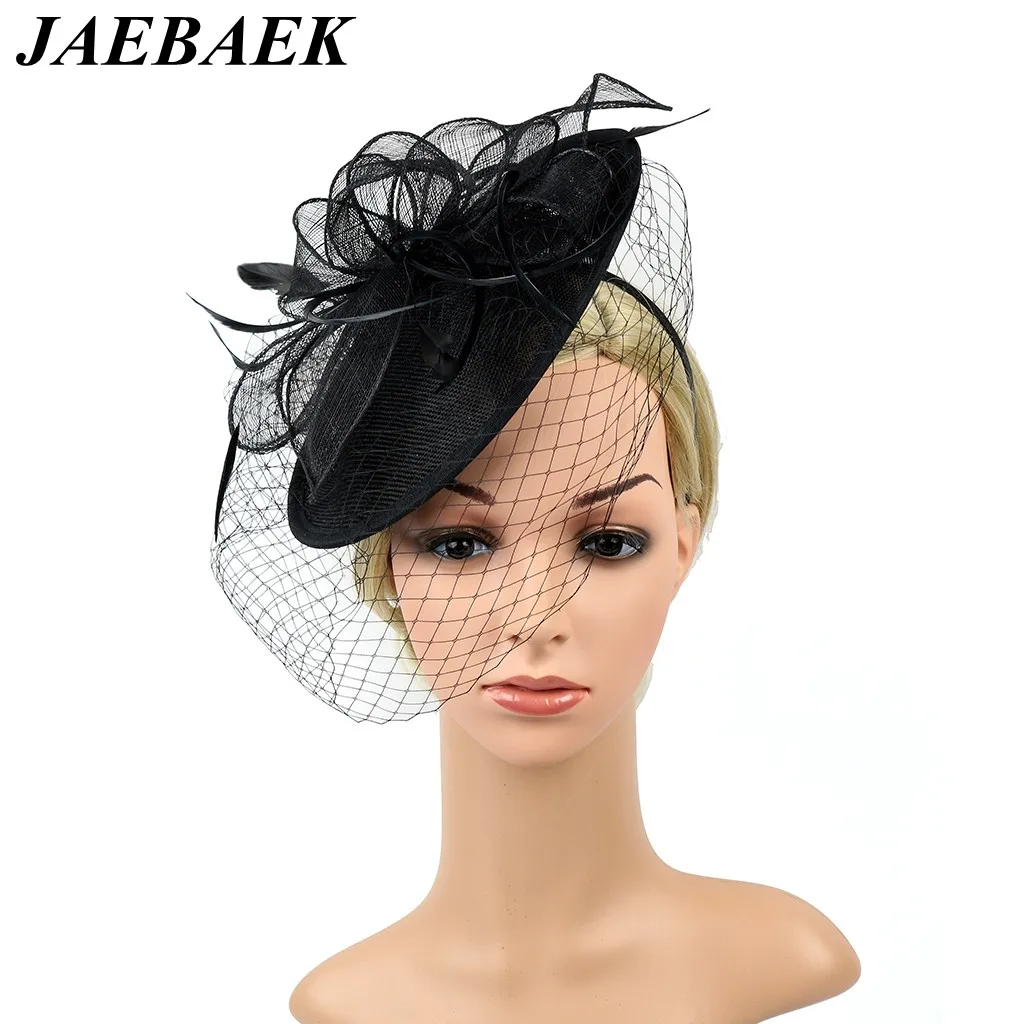 

Women Vintage Derby Fascinator Hat with Veil Pillbox Headband Feather Cocktail Tea Party