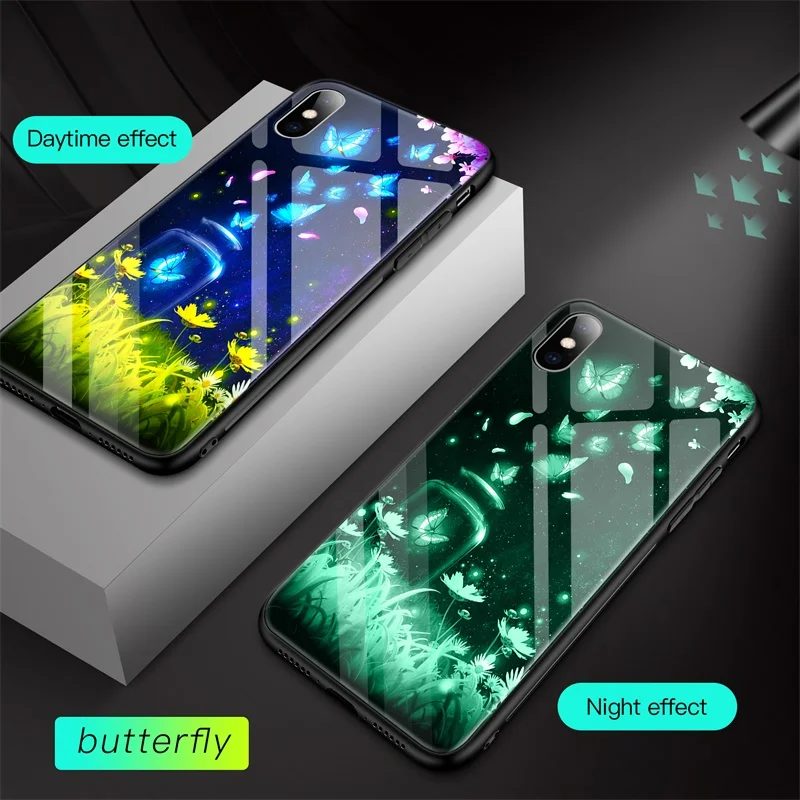 butterfly2 Роскошный светящийся чехол из закаленного стекла для телефона для iPhone 6 6s 7 8 Plus ночной светящийся чехол для телефона для iPhone X XR XS Max задняя крышка Coque - Цвет: butterfly2