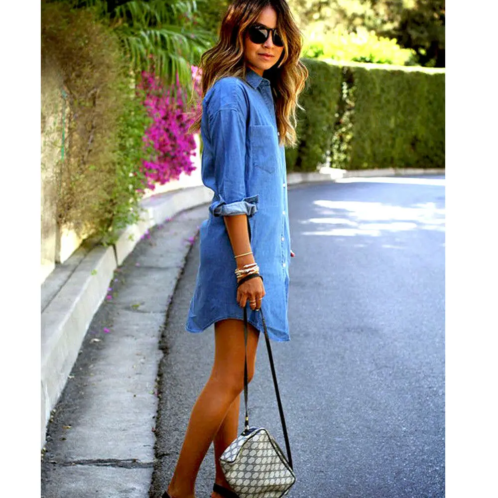 

US Women's Blue Jeans Denim T-Shirt Long Sleeve Casual Loose Mini Dress Romper