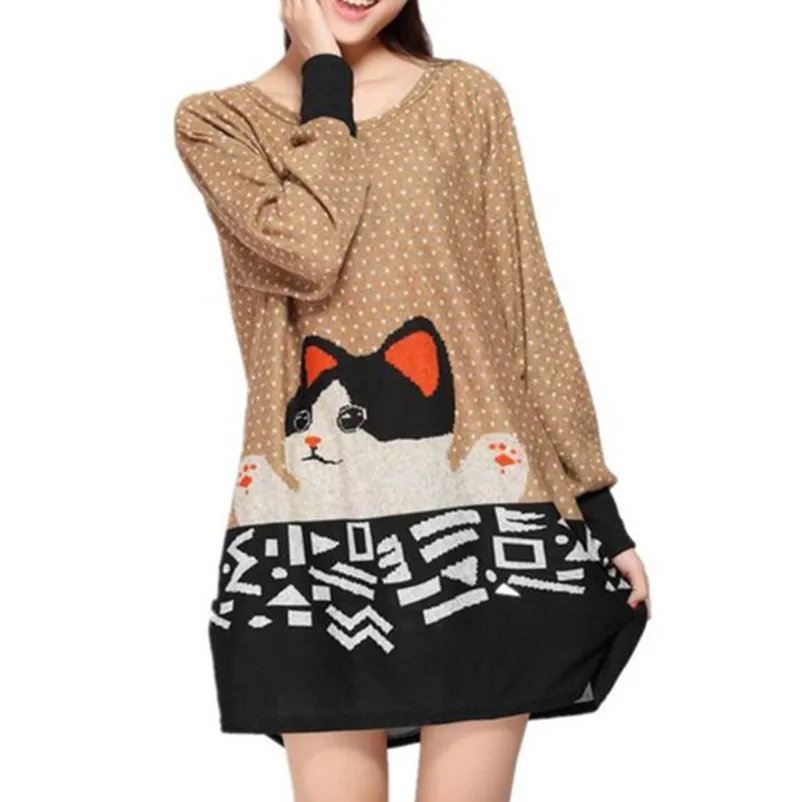 2018 Fashion Women autumn winter Pullover Hollow Basic Knitted Sweaters casual Knitwear plus size loose sweater cat print big | Женская