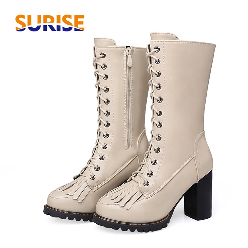 

Winter Spring PU Leather Plush Women Mid Calf Boots Square Chunky High Heel Round Toe Tassel Lace Zipper Platform Martin Boots