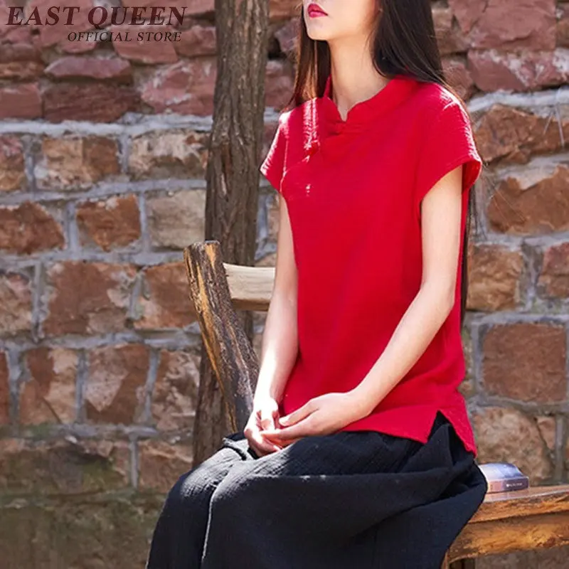 Женская льняная рубашка с коротким рукавом и воротником стойкой Cheongsam элегантная