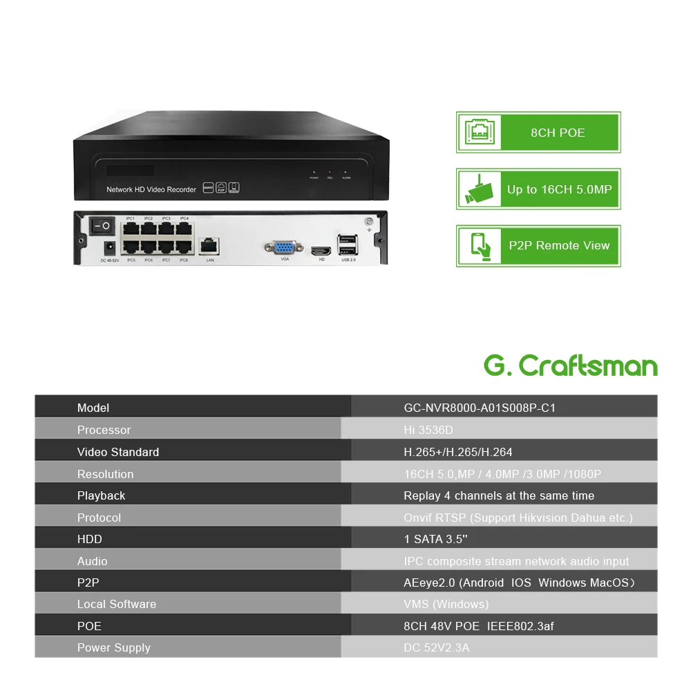 8ch POE 5MP NVR H.265 NVR сетевой видеорегистратор до 16ch 1 HDD 24/7 запись ip-камера Onvif 2,6 P2P система G. Ccraftsman