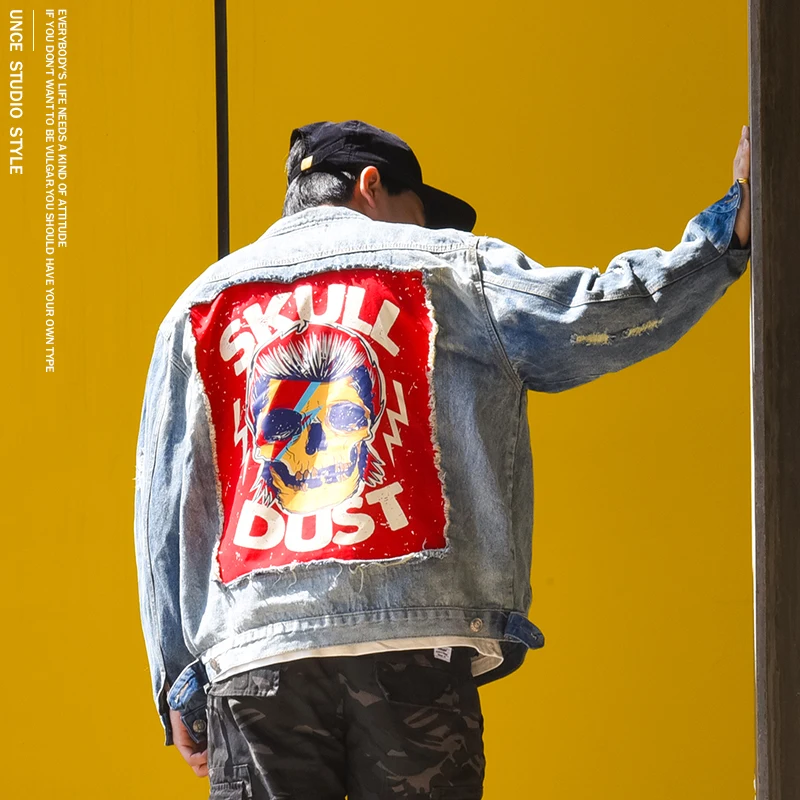 Уличная Повседневная мужская куртка в стиле рок джинсовая с черепом винтажном