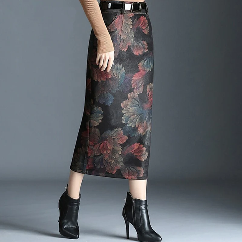 

Winter Fall Vintage Women High Waisted Floral Pattern Placket Pencil Woolen Skirt , Woman 4xl Printed Flower Slim Wool Skirts