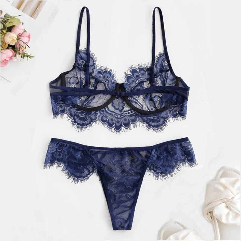 

New Ultrathin Perspective sexy push up Babydoll bra underwear briefs Underwire Lace Eyelash Lingerie Set