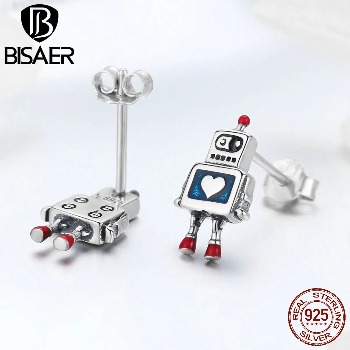 BISAER Лидер продаж 925 пробы серебряные серьги-гвоздики с роботом для женщин игрушечные серьги-гвоздики модные ювелирные изделия ECE477
