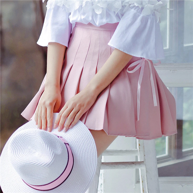 Корея Harajuku для женщин летние колледж Ветер студент сплошной цвет ленты юбка