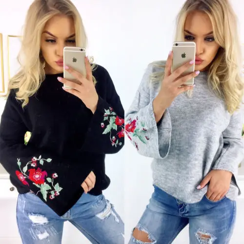 Hirigin Модный женский цветочный вязаный джемпер с длинным рукавом повседневный