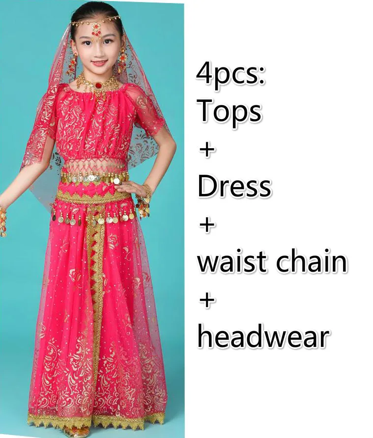 4pcs rose red Детские индийские костюмы для танца живота, египетские вечерние костюмы для выступлений, танцевальная одежда Для Болливуда, Восточный Костюм для Хеллоуина - Цвет: 4pcs rose red