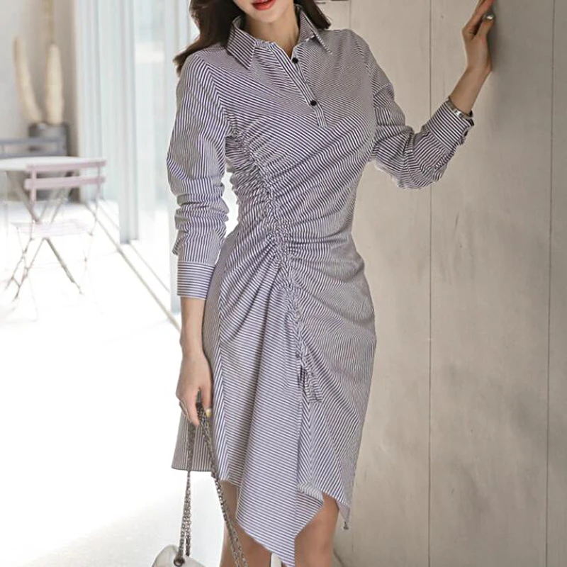 2018 Осень Новый элегантный Для женщин в полоску с длинным рукавом асимметричный