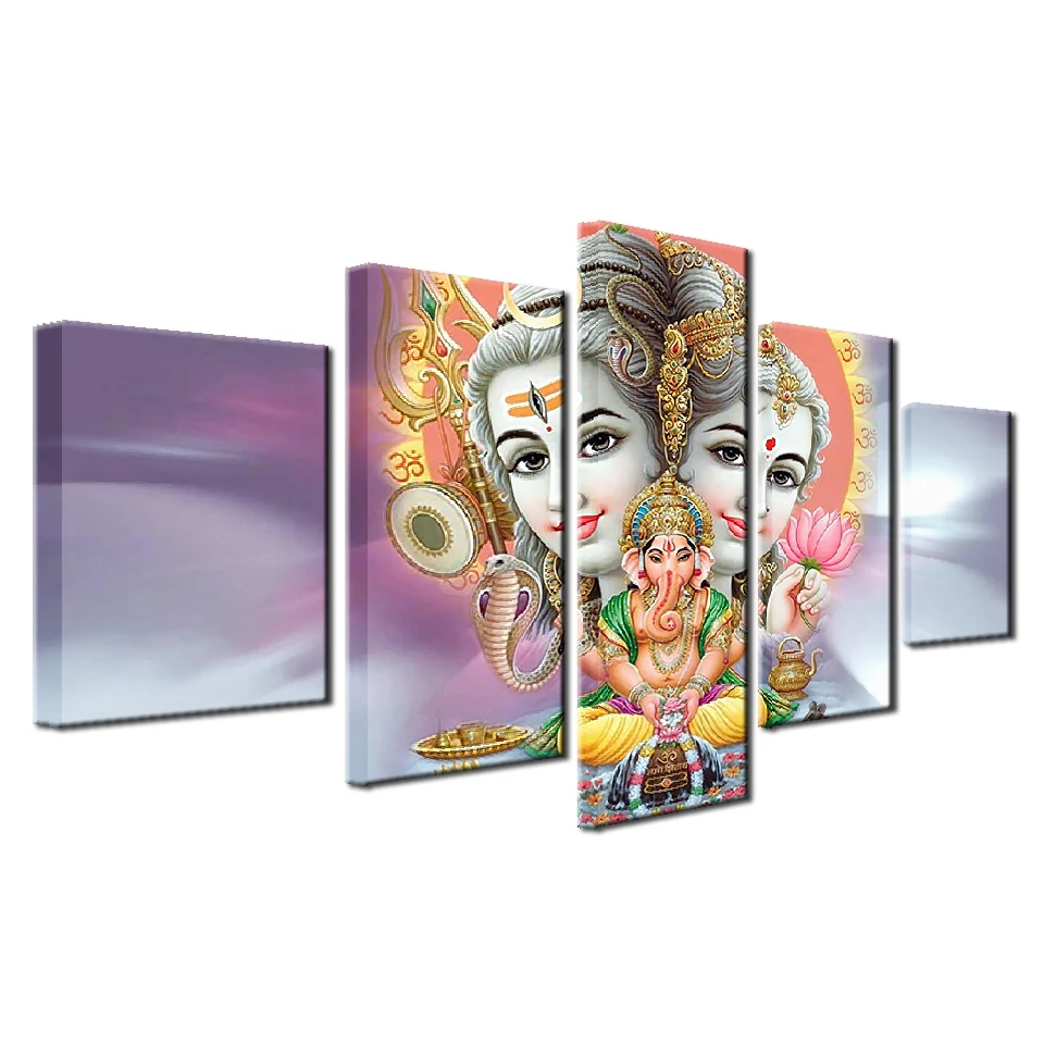 HD печать 5 шт. Холст Настенная картина Shiva Parvati Ganesh Современный домашний декор для