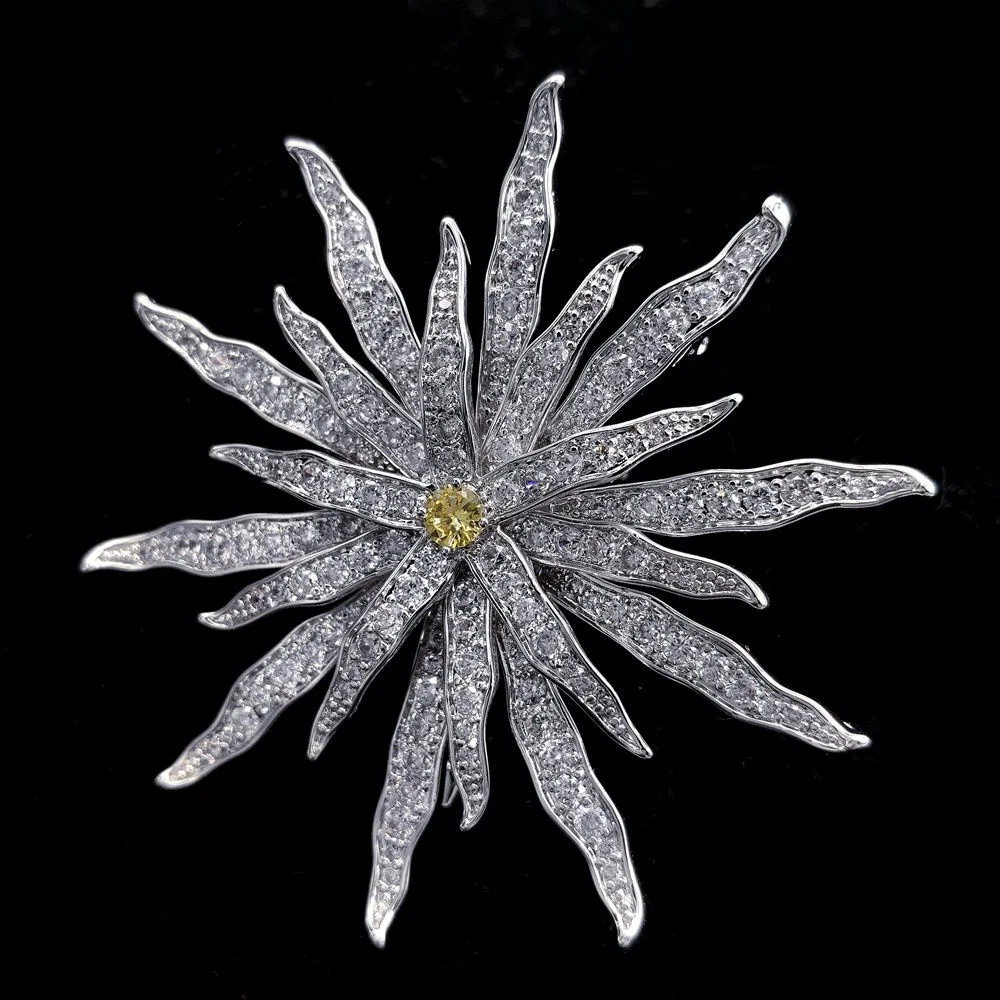 Festival Vintage Micro Pave CZ Firework Brooches Silver Tone Multi Petals Domed Yellow Stone Flower Pins Broach for Cape Jewelry | Украшения