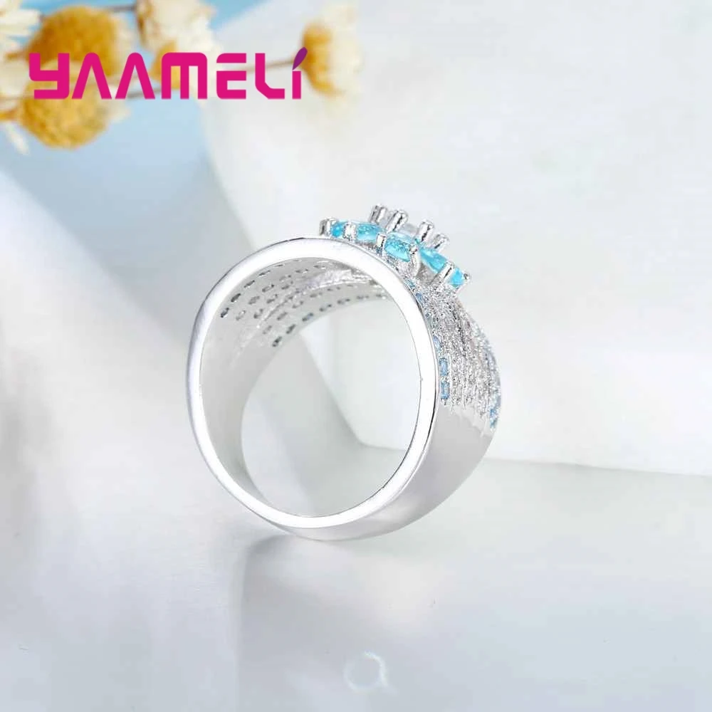 Brand Blue Stone Ornament With White Crystal Flower Shape 925 Sterling Silver Rings For Women Christmas Present | Украшения и