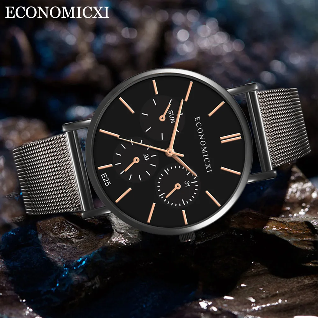 Мужские модные часы reloj hombre, простые часы из нержавеющей стали с тремя глазами, маленький циферблат, мужские кварцевые часы