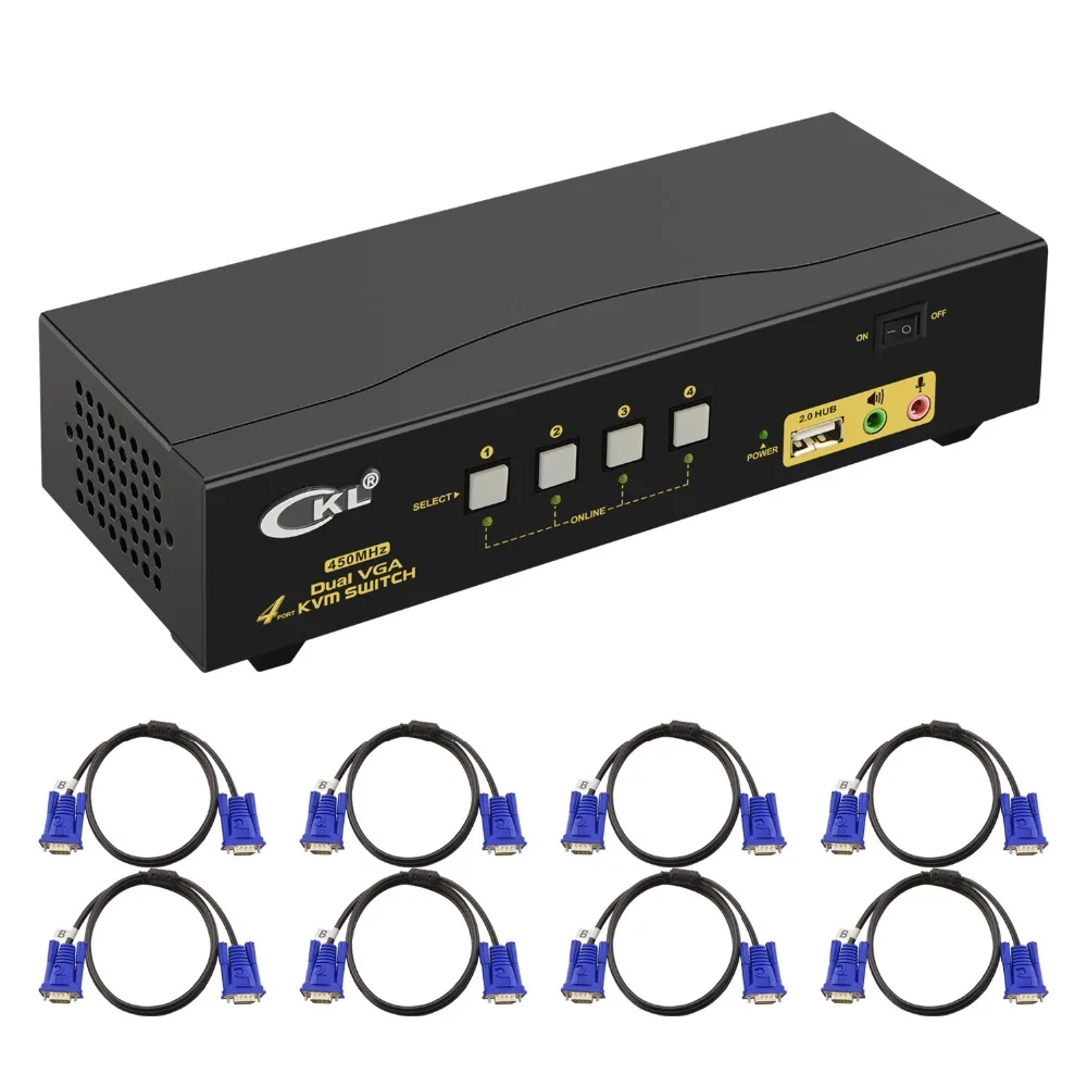 

KVM-переключатель VGA, 4 порта, двойной монитор, Расширенный дисплей, CKL USB KVM-переключатель VGA с аудио + 2 VGA выхода 20481536 @ 450 Гц, монитор ПК