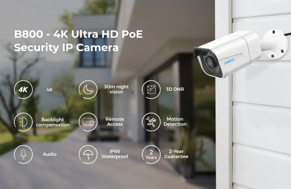 Reolink 4K камера безопасности PoE Открытый ночного видения IP66 водонепроницаемый аудио пуля 8MP ip камера B800