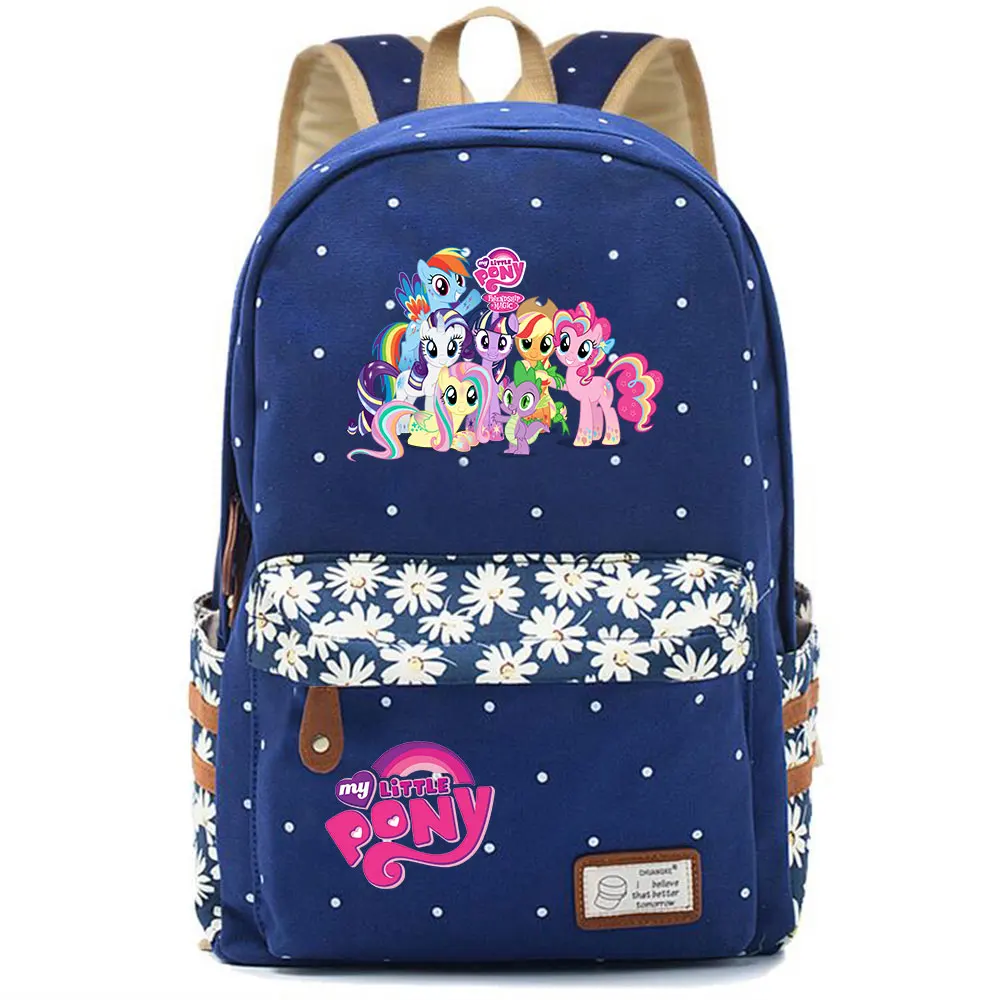 Kawaii My Little Pony Rainbow Dash Pinkie Pie с цветами в горошек, школьная сумка для мальчиков и девочек, женский рюкзак, Подростковый холщовый женский рюкзак