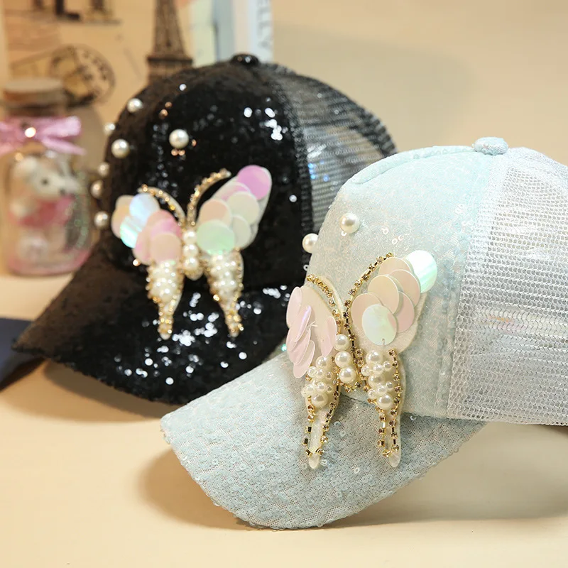 Роскошные Для женщин Бейсбол Кепки Марка Bling бабочка жемчуг Блёстки хип хоп