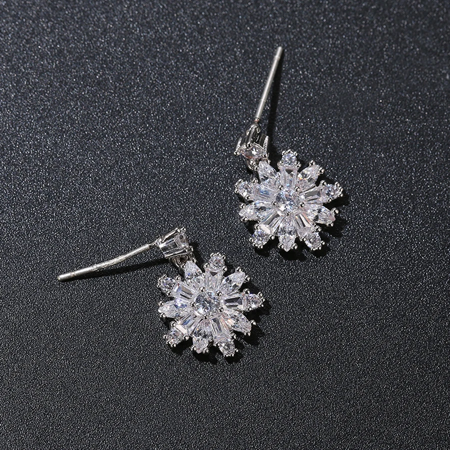 silver bohemian earrings with shiny cubic zircon high quality nickel free plating snow flak design earings jewelry gift | Украшения и