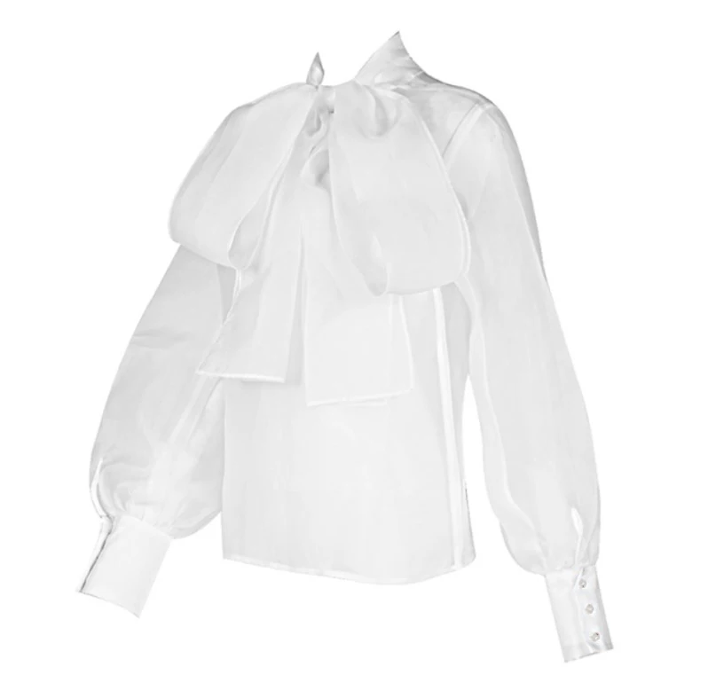 Elegant Women Fashion High Neck Big Bowknot Long Sleeve Office Lady Chiffon White Blouse Shirt Tops Female Ladies Plus Size XXL