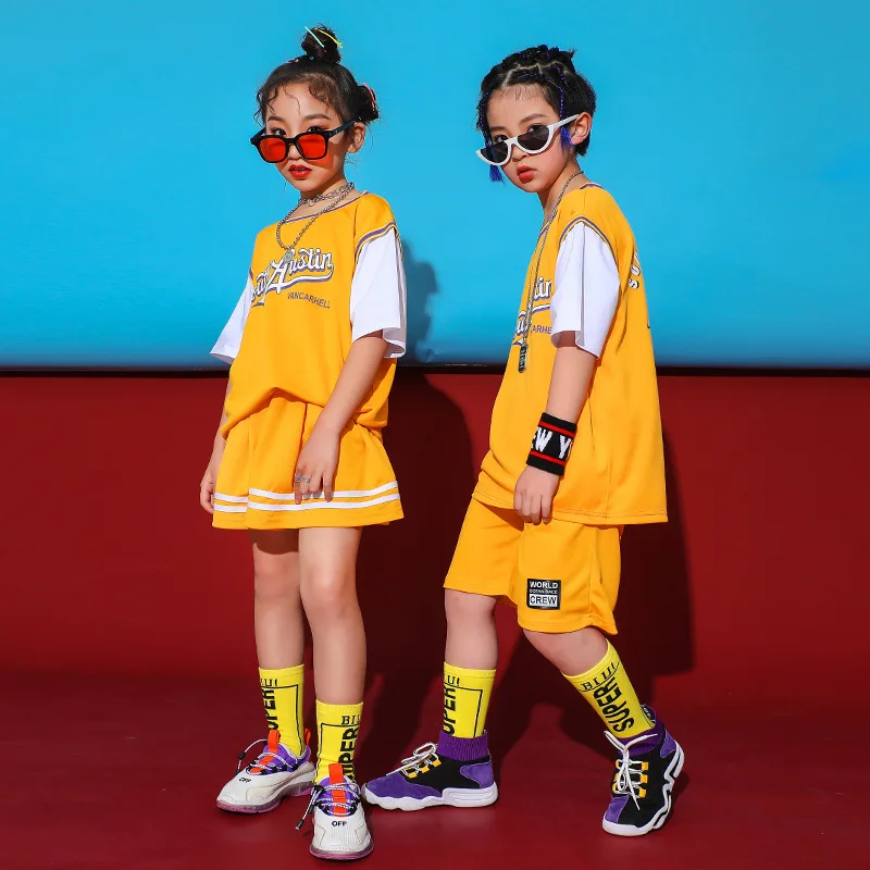 Новый летний детский желтый костюм для уличных танцев Одежда джазовых в стиле