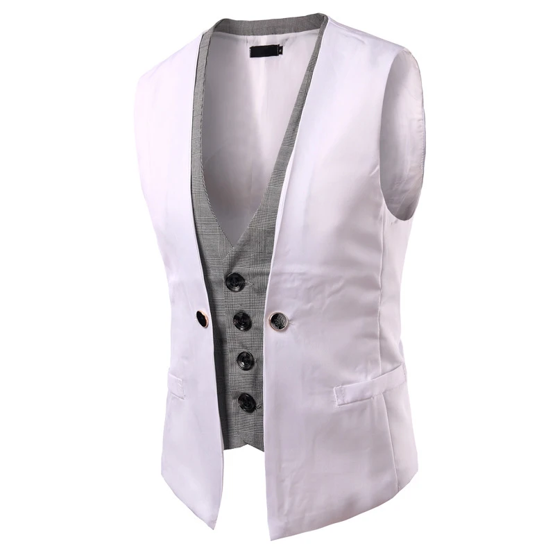 White Vest Men Прямая поставка, мужской жилет, однобортный жилет, брендовый модный Приталенный жилет с заплатками, имитация жилета из двух частей без рукавов - Цвет: White Vest Men