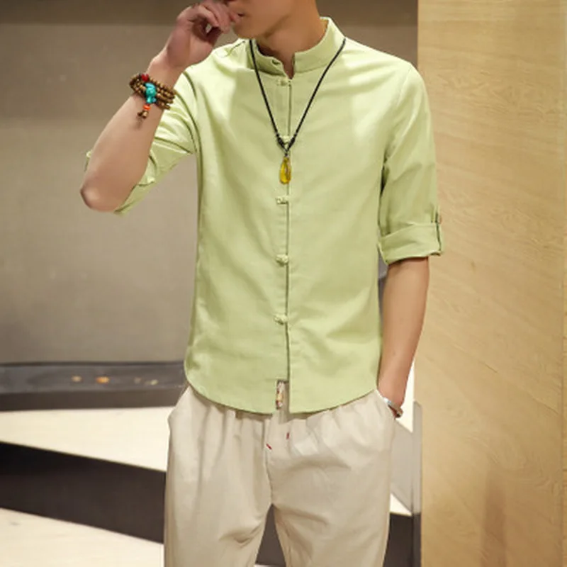 2019 мужские футболки мужская рубашка в китайском стиле на лето льняная с рукавом