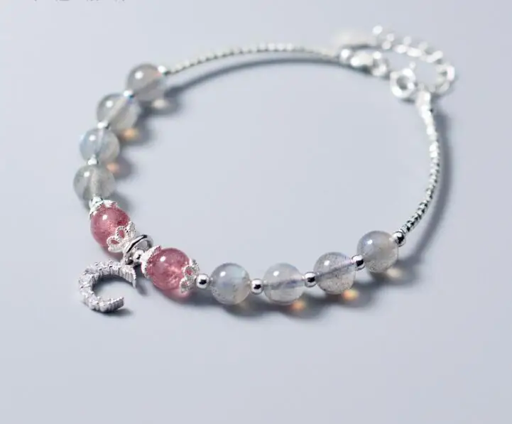 

6mm 100% Real. 925 Sterling Silver Fine Jewelry Natural Moonstone &Rose Strawberry Quartz Stone Crescent Moon Bracelet GTLS633
