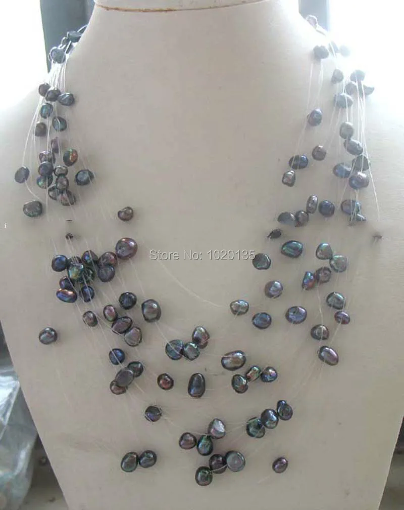 

15rows freshwater pearl black baroue 6-8mm necklace 16-19inch nature beads FPPJ